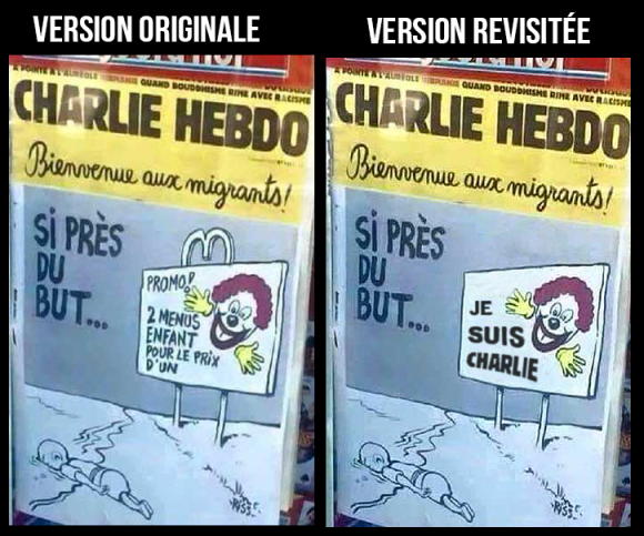 La Une de Charlie Hebdo revisitée par la rédaction vaudoise de Voix d'Exils.